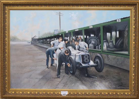 Max Brandrett, oil on canvas, Pitstop for a vintage racing car, signed, 60 x 90cm